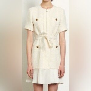 Classy mini pleated tweed knit white dress